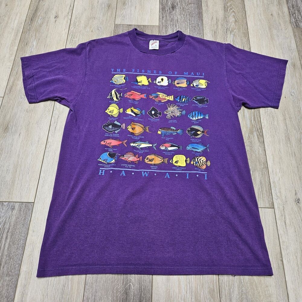 Jerzees Vintage Hawaii Fishs Maui Graphic Tee Shirt Purple Unisex Large Made USA